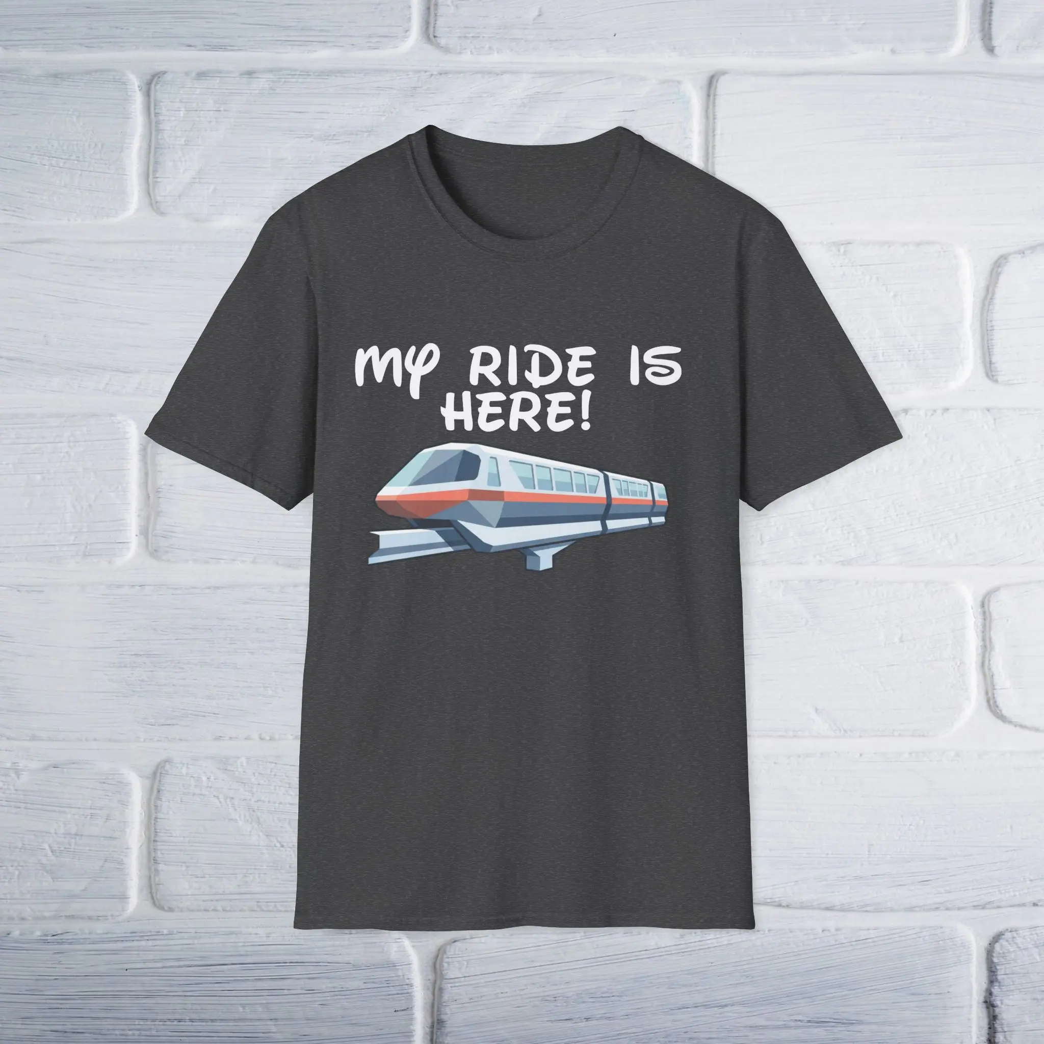 Men's Cotton Short-Sleeve T-Shirt - "My Ride Is Here!" Monorail Prints, All Seasons, Breathable, Soft, Knit, Ribbed Round Neck, Multiple Color Options, Menswear Casual Top