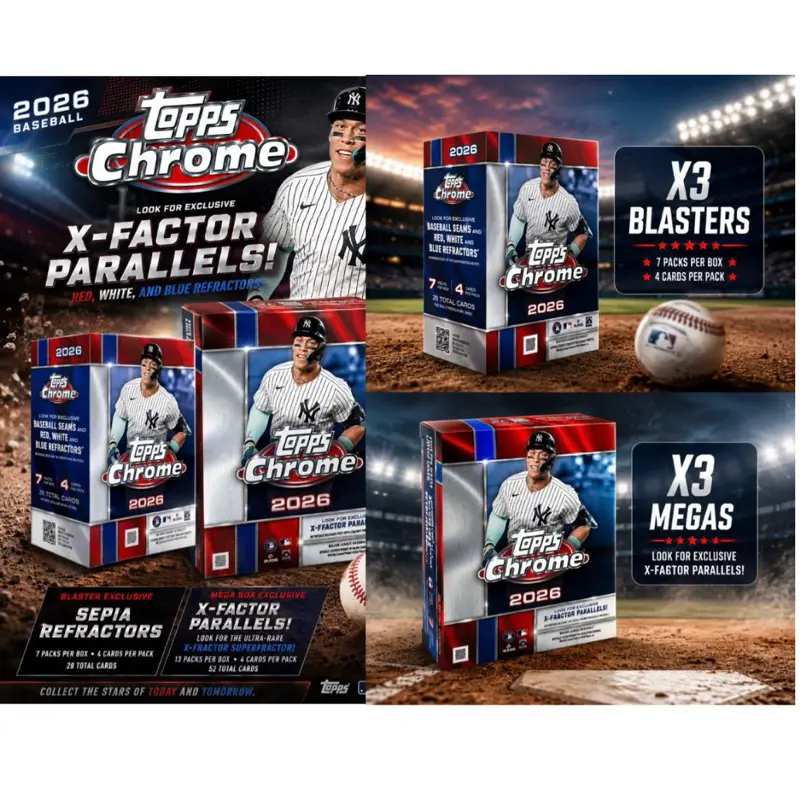 Topps MLB Break #47 - PYT 6 Mega & Blaster Box Mixer - 2026 Topps Chrome (3) Mega box; 2026 Topps Chrome (3) blaster box