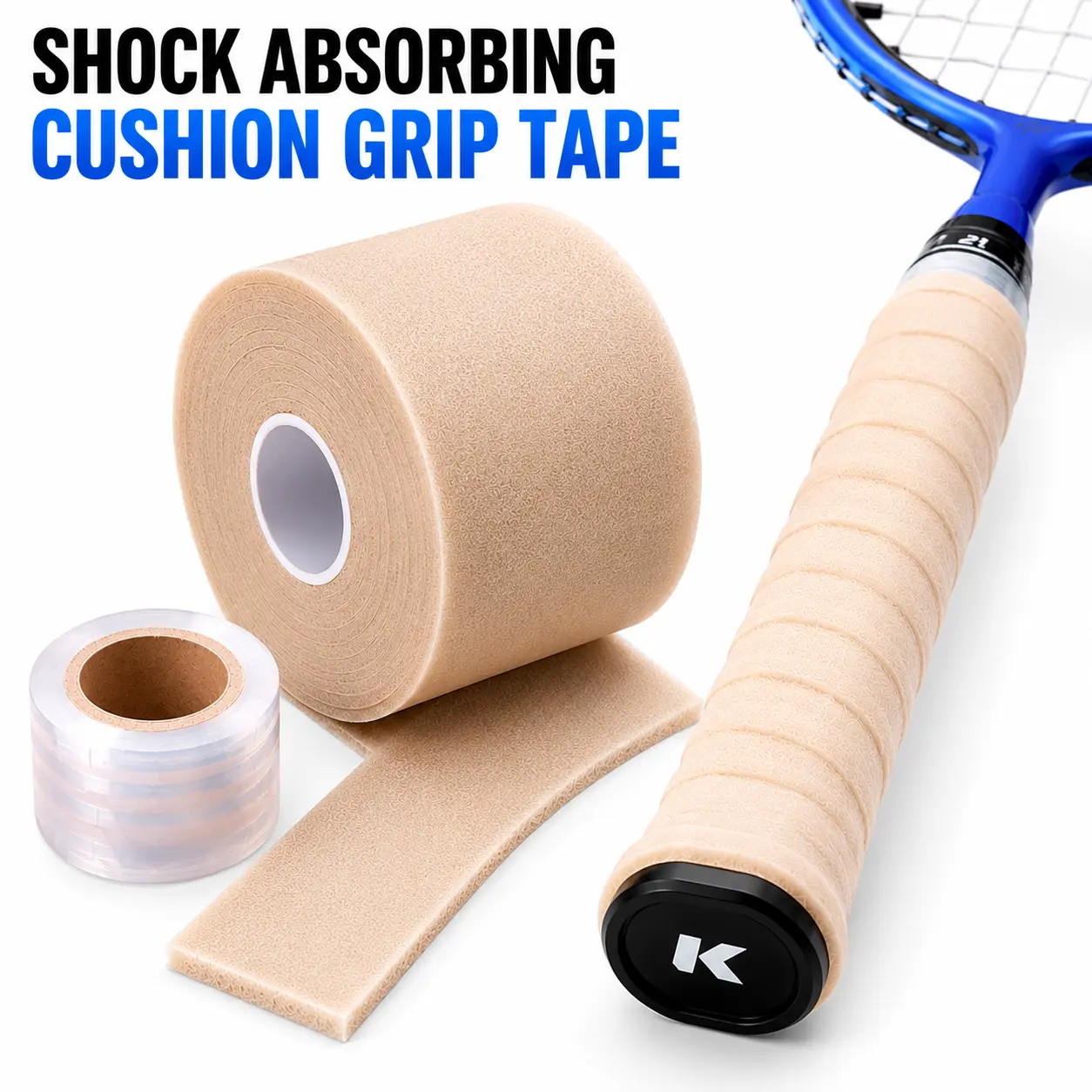 Shock-Absorbing Badminton Racket Grip Tape - Primer Underwrap with Blue Buffer Film, Soft Stretchable Material, Extra Padding, Snug Wrap for All-Level Players, Intense Matches, Tennis Use, Conforms, Reduces Vibration