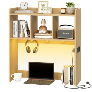 HOOBRO Office Desktop Shelf, Desk Hutch with Outlets, Wooden Office Desktop Bookcase, Desktop Organizer Shelf with LED Light Strip and 3 Hooks, for Home, Study, Natural Work Desk#SpringSale #BigSpringSale