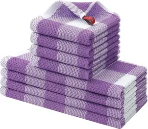 Kitchen Towels and Dishcloths Set, 12 x 12 and 13 x 28 Inches, Set of 8 Bulk Cotton Waffle Weave Check Plaid Kitchen Towels, Super Soft and Absorbent Dish Towel, White & Purple