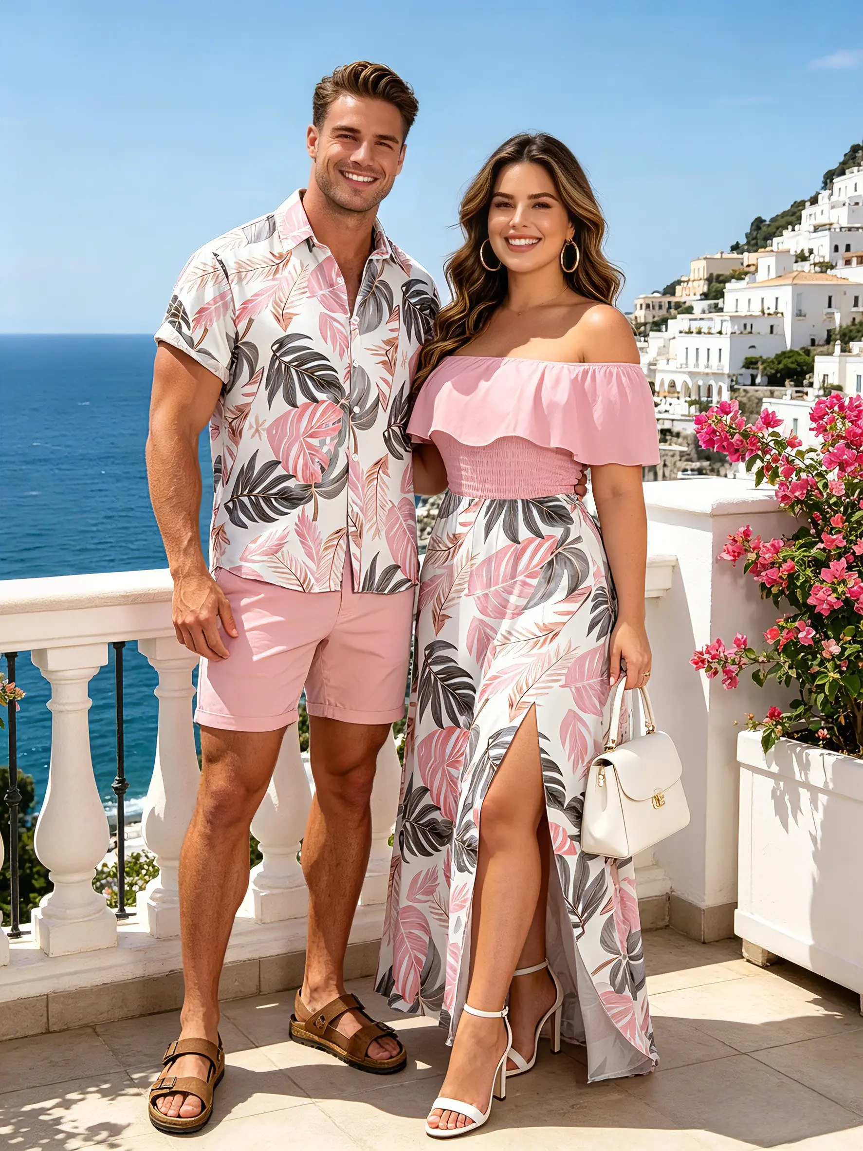 Vacation Couple Outfit Tropical Monstera Leaf Print Flounce Off the Shoulder Smocked Slit Dress and Shirt Set