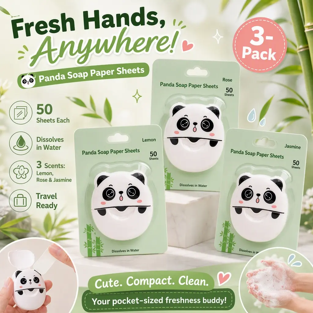 Cute Panda Portable Soap Sheets, 3-Pack 150 Sheets Fragrance Disposable Hand Soap Paper for Travel, School & Outdoor Camping