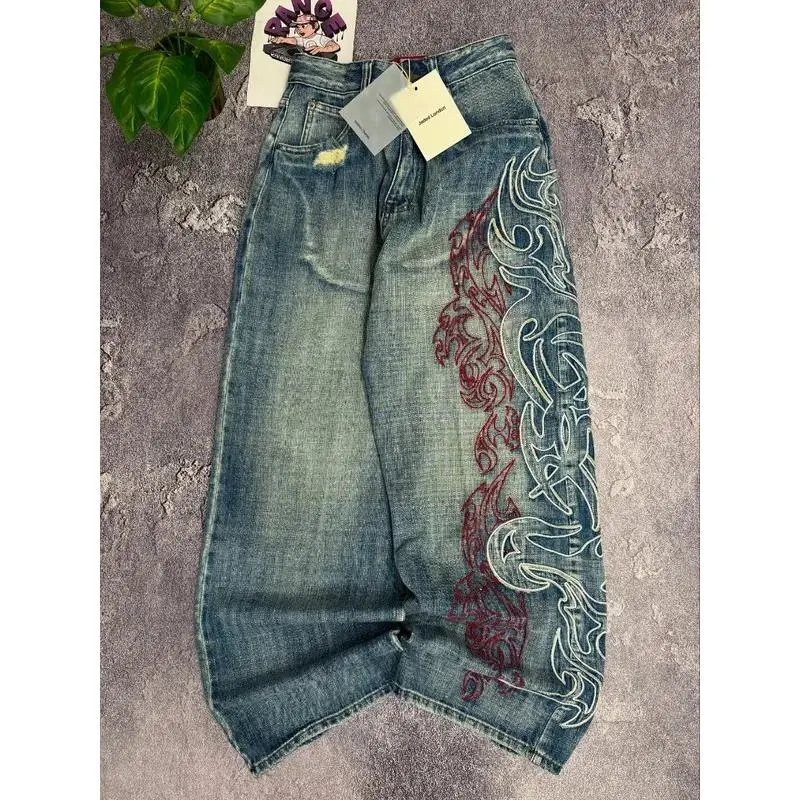 Baggy Jeans with a Grunge Vintage Style, Relaxed Fit for Skateboarding, Loose Embroidered Denim Pants for Hip Hop Dance Suitable for Both Men and Women Streetwear Womenswear, Bottom, Trouser,