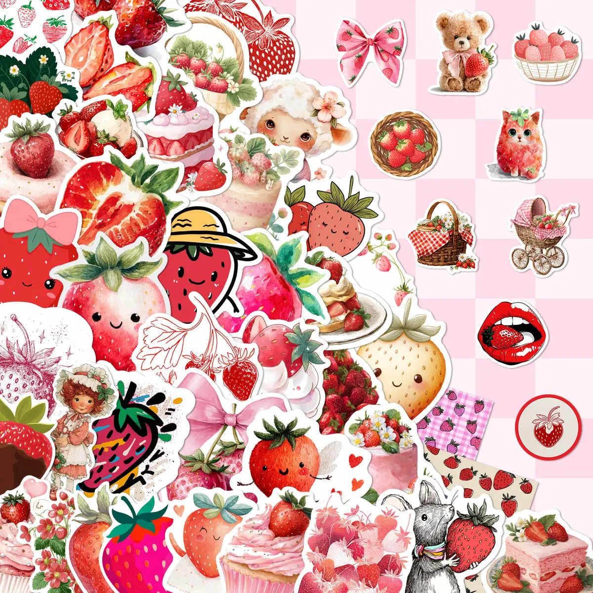 50Pcs Cute Strawberry Stickers Pack, Waterproof Kawaii Pink Aesthetic & Dessert Fruit Vinyl Decals for Laptop, Water Bottle, Journal & Scrapbook, Sweet Gift, Sticker Sheets