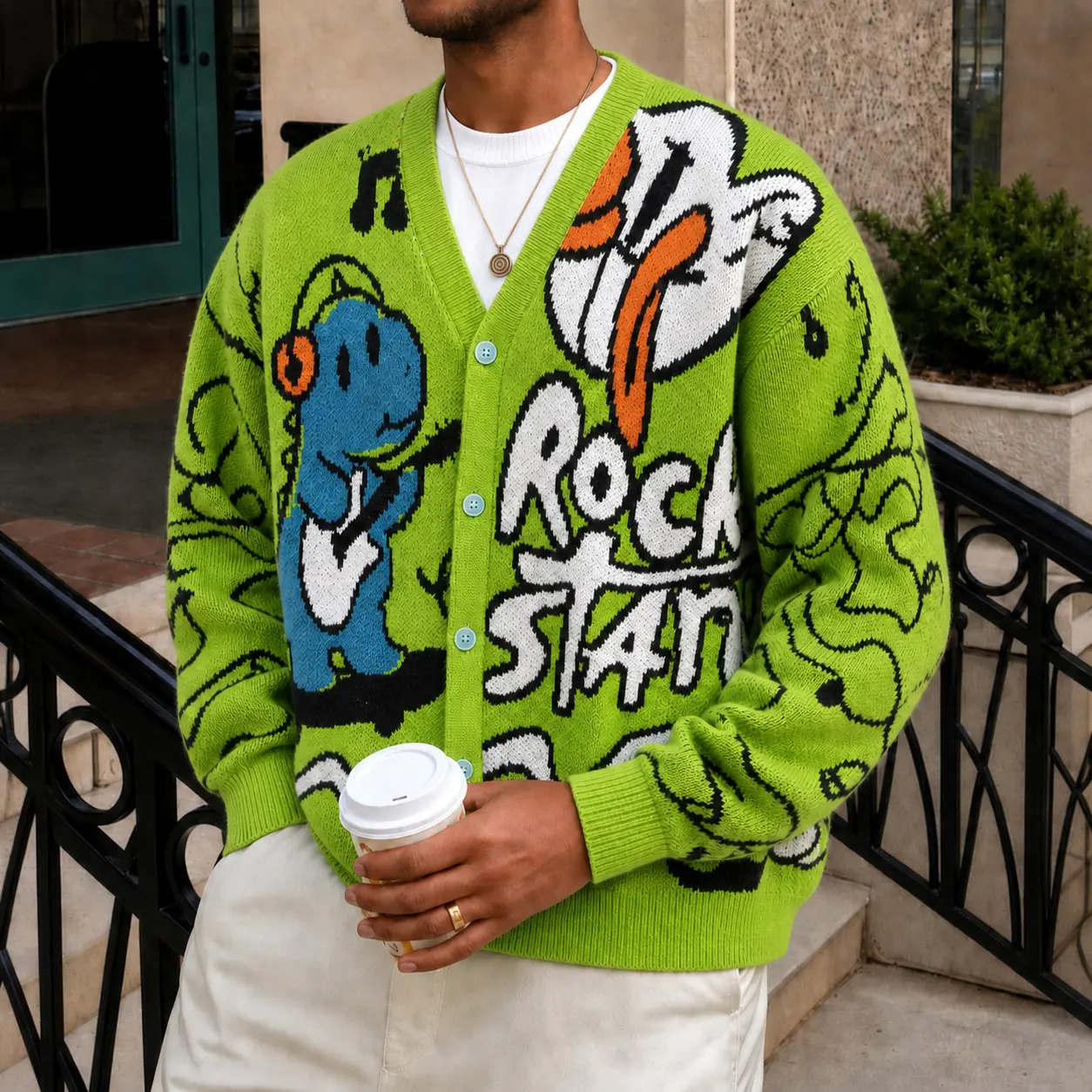 Men's Green Knit Cardigan with Retro Dinosaur Graphic Print - Oversize V-Neck Button-Down Long Sleeve Fashion Sweater, Knitwear, New Year, Casual, Oversized, Stylish