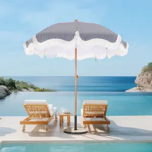 PHI VILLA 7ft Beach Patio Umbrella with Fringe, UPF 50+ Canopy, 8 High Wind Proof Fiberglass Ribs, Carry Bag, Blue&White - Springtok