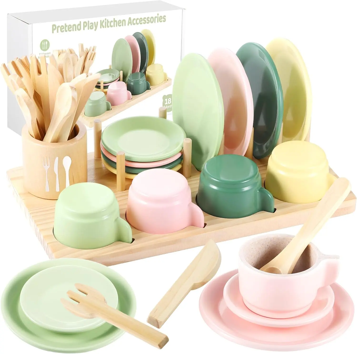GAGAKU Wooden Play Kitchen Set - 25Pcs Unisex Montessori Play Dishes with Integrated Storage Stand, Bright Colors Plates & Bowls, Early Learn Pretend Cooking Toys for 2-6 Years, Toddler Educational Gift, Solid Wood