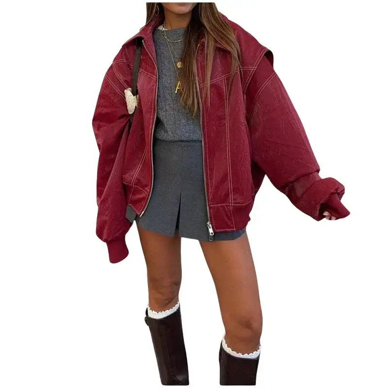 utcoco Women's Oversized Faux Leather Biker Jacket, Long Sleeve Casual Zip Up Coat with Lapel Collar for Fall Winter, Coats