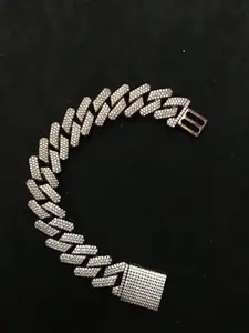 M2-9070 Elegant Silver Tone Rhinestone Bracelet with Interlocking Links and Secure Clasp for Women's Fashion
