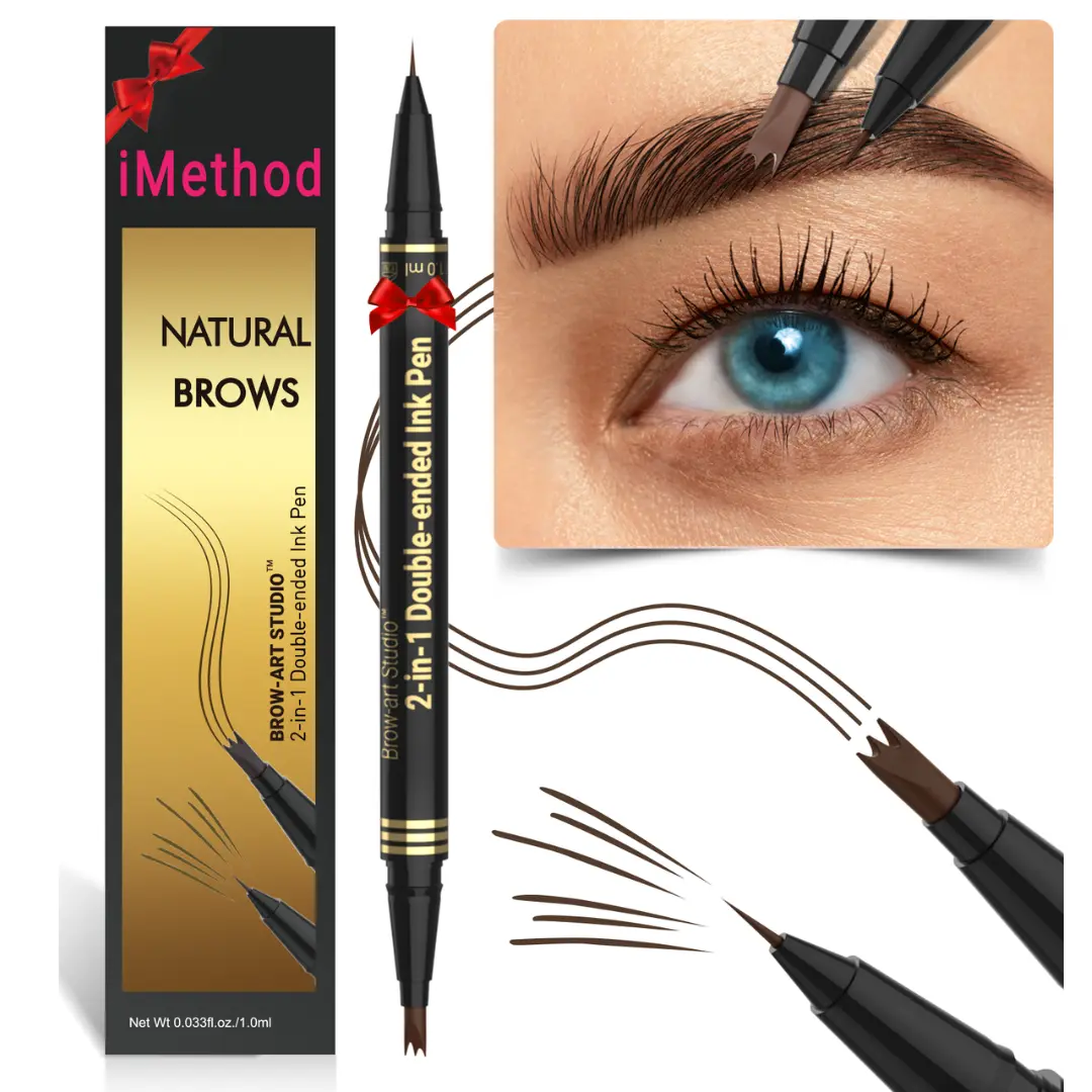 iMethod Microblading Eyebrow Pencil - Brow Pencil 2-in-1 Dual-Ended Eyebrow Pen with 3-Prong Micro-Fork-Tip Applicator and Precise Brush-Tip Create Natural-Looking Brows, Stay on All Day, Light Brown