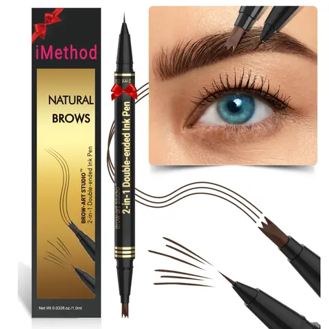 iMethod Microblading Eyebrow Pencil - Brow Pencil 2-in-1 Dual-Ended Eyebrow Pen with 3-Prong Micro-Fork-Tip Applicator and Precise Brush-Tip Create Natural-Looking Brows, Stay on All Day, Light Brown