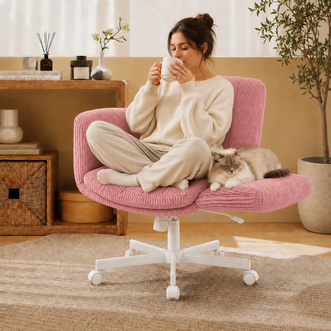 Extra Wide Seat Criss Cross Chair with Wheels - Chenille Cross Legged OfficeChair Pet Chair, 5-Level Folding Armrests Chair,Adjustable Swivel Vanity Oversized Chair forHome & Bedroom work love summerwinsFather's Day Gift