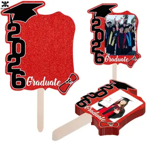 2026 Graduation Photo Booth Props, 12pcs Graduation Picture Frame Hand Fans, Grad Party Selfie Signs, DIY Glitter Photo Frame Fans for Graduation Party Decorations, Fits 6 Inch Photos