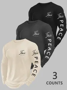 Men’s 3‑Pack Arabic "Peace" Calligraphy Print Long Sleeve Tees, Minimalist Muslim‑Inspired Casual Tops, Urban Cultural Streetwear#PeaceCalligraphyTee #ArabicPrintTops #3PackMensTees #MuslimFashionStyle #TikTokFashion