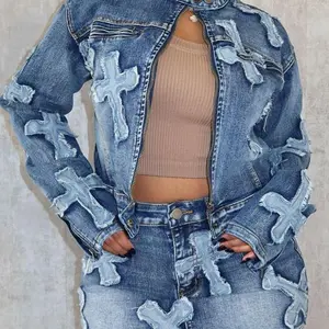 Cross slight stretch cross embroidery denim slim mini skirt sets