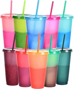 24oz Plastic Tumblers Bulk with Lids & Straws - 10Pcs Reusable Iced Cold Color Changing Drinking Cups for Adults Kids