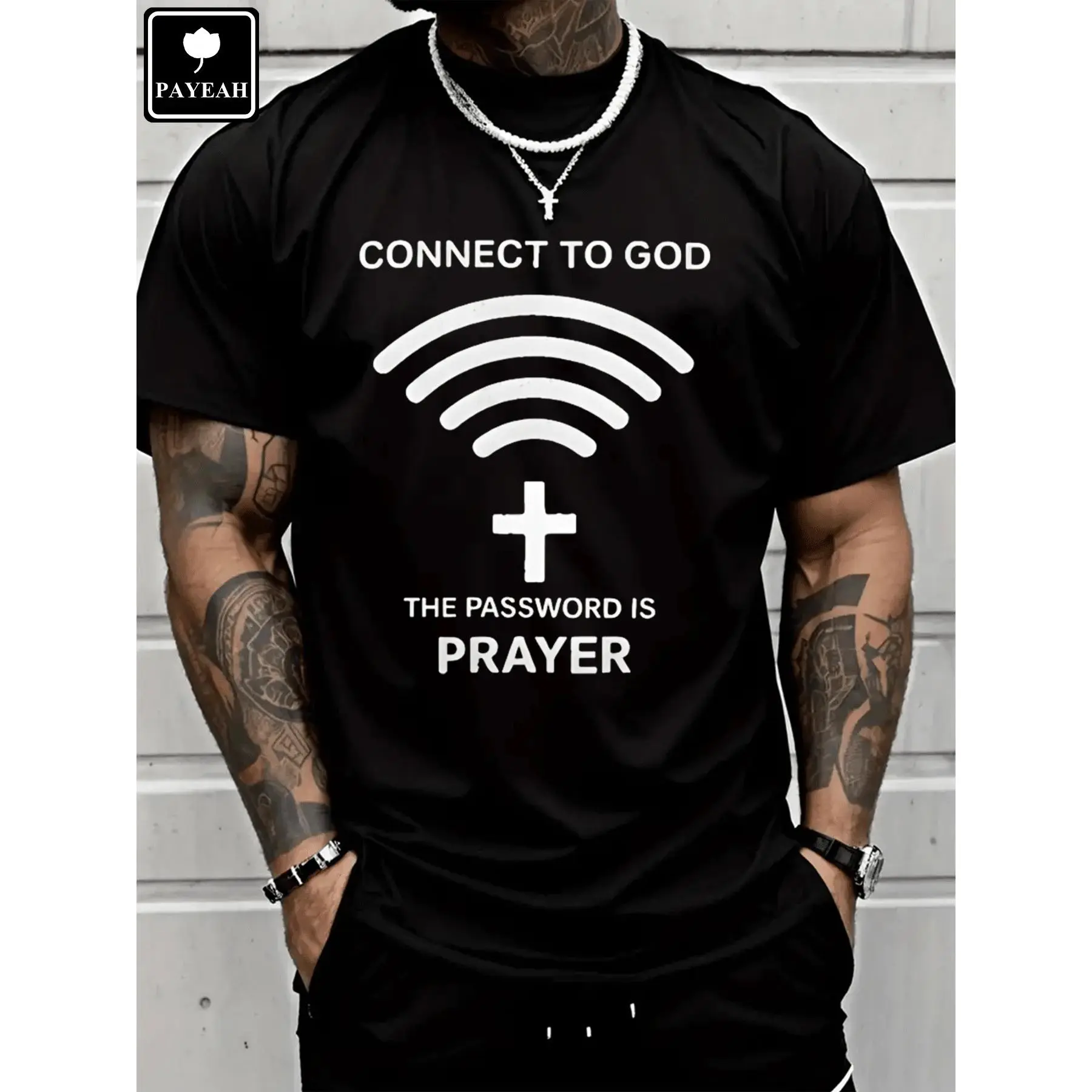 PAYEAH Men's Short-Sleeve Printed Round Neck T-Shirt - 100% Heavy Cotton Casual Streetwear Top, "Connect To God The Password Is Prayer" Graphic, All Seasons Menswear