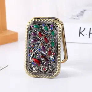 Vintage Metal Portable Pocket Folding Double-Sided Rectangle Makeup Mirror with Random Rhinesne Aoko Tachibana Glass Finish Polished Bird Theme