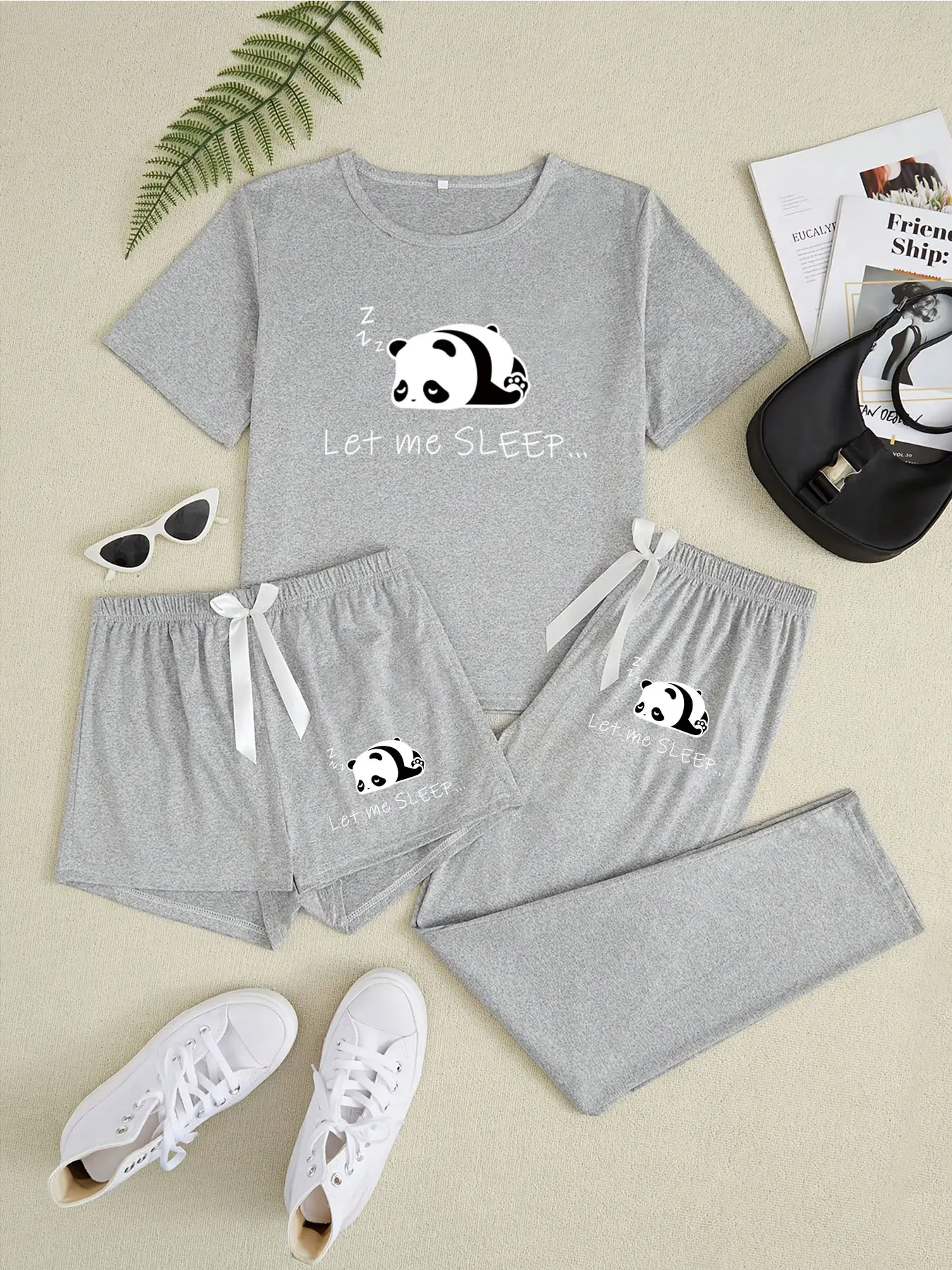 Women's Cartoon Animal Panda Print Knit Pajama Set, 3 Piece Sleepwear & Loungewear Collection, Comfortable & Stylish Nightwear for Ladies, Casual Home Wear