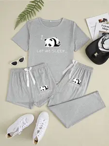 Women's Cartoon Panda Print Pajama Set, 3 Piece Sleepwear Loungewear Collection, Comfortable & Stylish Fitted Knit Fabric Nightwear for Ladies, Casual Home Wear Pyjamas, Homewear, Pjs