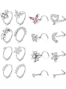 Glamorous 16 Pcs Silvery Nose Piercing Jewelry Set for Women Men Hypoallergenic Surgical Steel Dazzling Zirconia Romantic Themed Designs Artistic Butterfly Heart Moon Flower Shapes Comprehensive Assortment Sweet Elements Contemporary Minimalist Aesthetics