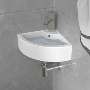 Logmey 18"X13" Corner Wall Mounted Bathroom Sink White Floating Triangle Lavatory Sink for Small Spaces, Memorial day