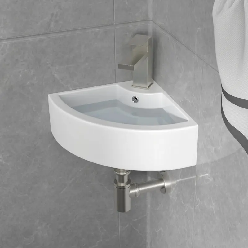 Logmey 18"x13" Modern Minimalist Indoor Corner Wall-Mounted White Floating Triangle Bathroom Sink Unit, Space-Saving Lavatory Sink for Small Spaces, Home Improvement Mounting Solution, Small Homes,bathroom upgrade