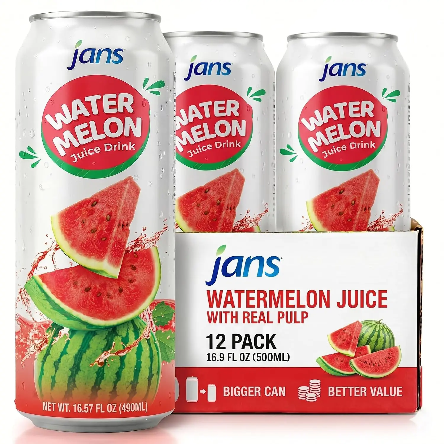 Jans 100% Watermelon Juice Drink with Real Pulp (16.9 fl oz, Pack of 12) Fat-Free, 100% Watermelon Juice, Cholesterol-Free, Refreshing Taste of the Tropics