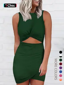 Women's Solid Color / Colorblock Ribbed Dress, Casual Chic Sleeveless, Casual Fashion Cozy Round Neck Sleeveless Dress for Daily Outdoor Wear, Ladies Clothes for Summer