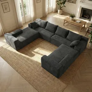Pre-Assembled U-Shaped Modular Corduroy Sectional Couch - Soft Fabric, Space-Saving Indoor Living Room Furniture, Convertible Sofa Bed with Memory Foam Pillow, Fluffy Black