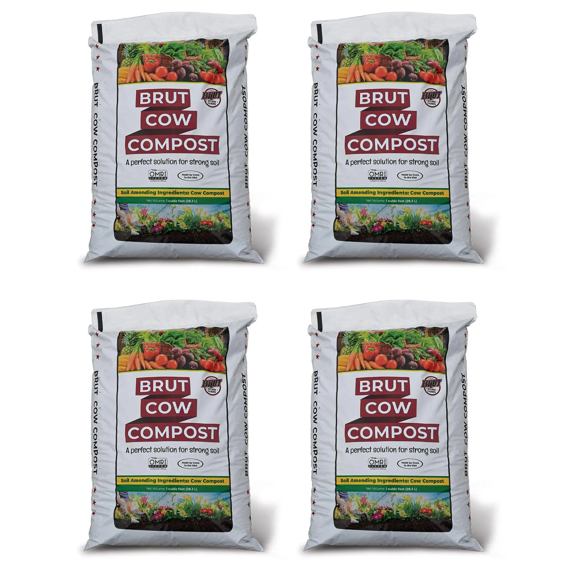 Brut Cow Compost, 4 Pack Composted Cow Manure Organic Soil Amendment, 1 Cu Ft