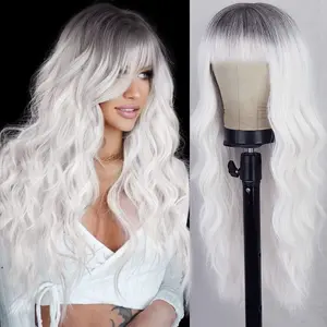 【LIVE】White Long Wavy Ginger Wig with Bangs Natural Looking Heat Resistant Synthetic Curly Full Wigs for Women Daily Use
