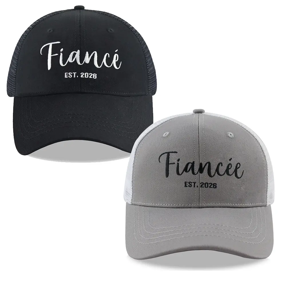 2PCS Couples Embroidered Trucker Hats Est 2026 - Adjustable Cotton Mesh Snapback Embroidered Baseball Caps for Bride Groom, Couples Hats, Flat Bill Cap