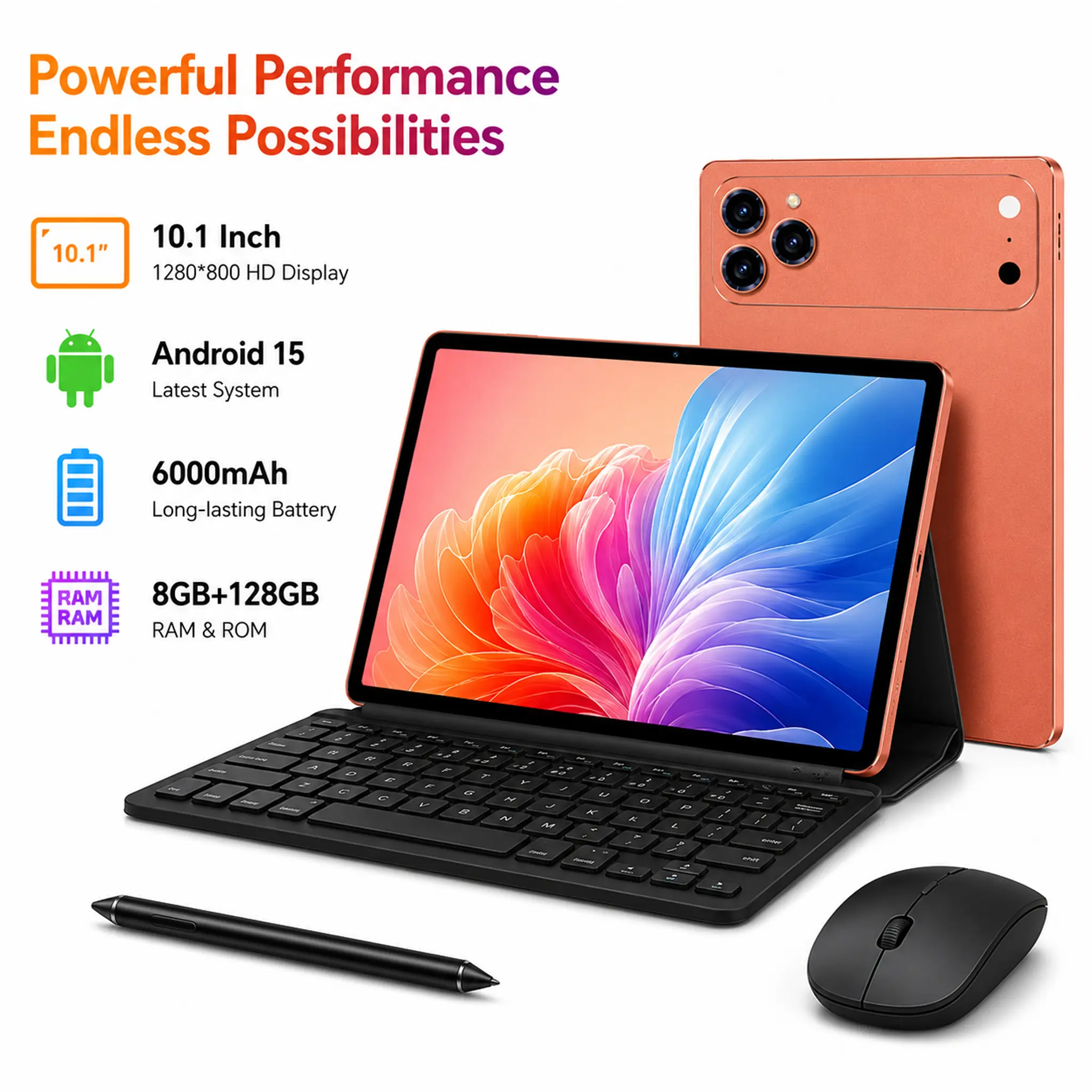 Android 15 Tablet (Latest Model) 10.1 inches | 12GB RAM + 128GB Storage | 6000mAh Battery | 1280*800 IPS Touchscreen, Set includes (Keyboard, Protective Case, Stylus Pen, Mouse), Holiday Gift, Essential for Work and Study