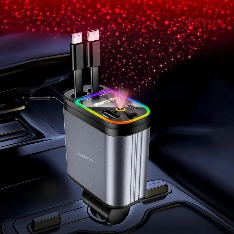 66W High Efficiency USB Car Charger Adapter - 4-in-1 Retractable Glow-Up Car Style Roof-Mountable Type-C iPhone Charger, Starlight Design, for iPhone 16/15/14/13/12 with Type-C Charging Support,back to school