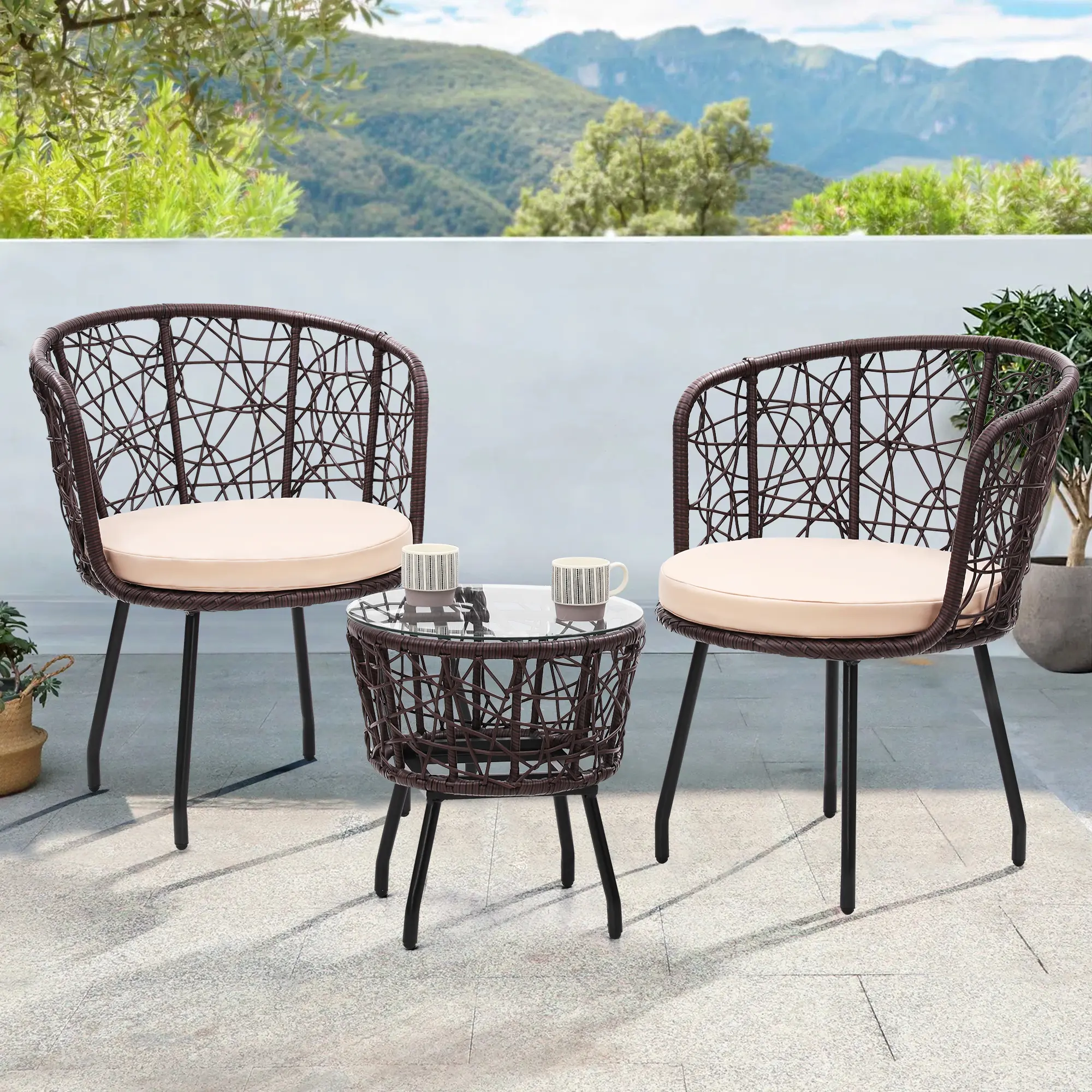 Boho 3 Piece Bistro Set, Modern Outdoor Wicker Patio Furniture with Tempered Glass Table Top and 2 Chairs, Washable Cushions, Brown Rattan and Begie Cushion summergarden