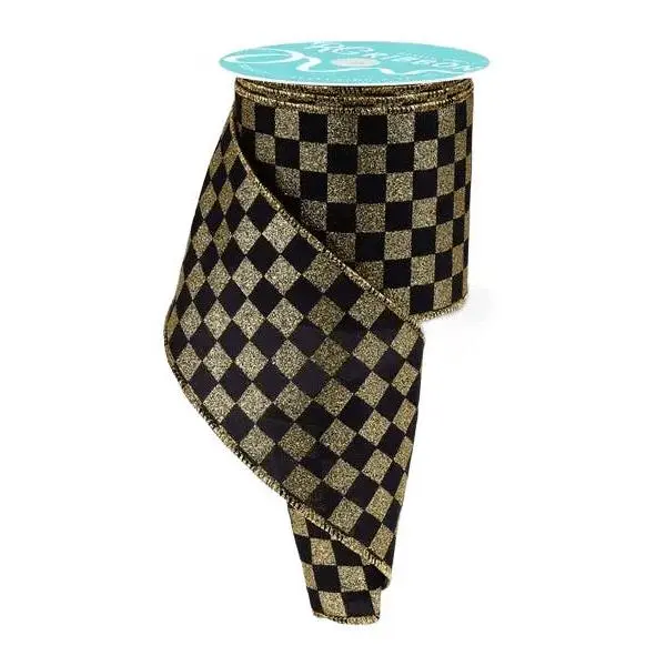 4" x 10yd Print Glitter Check Ribbon – Black/Gold