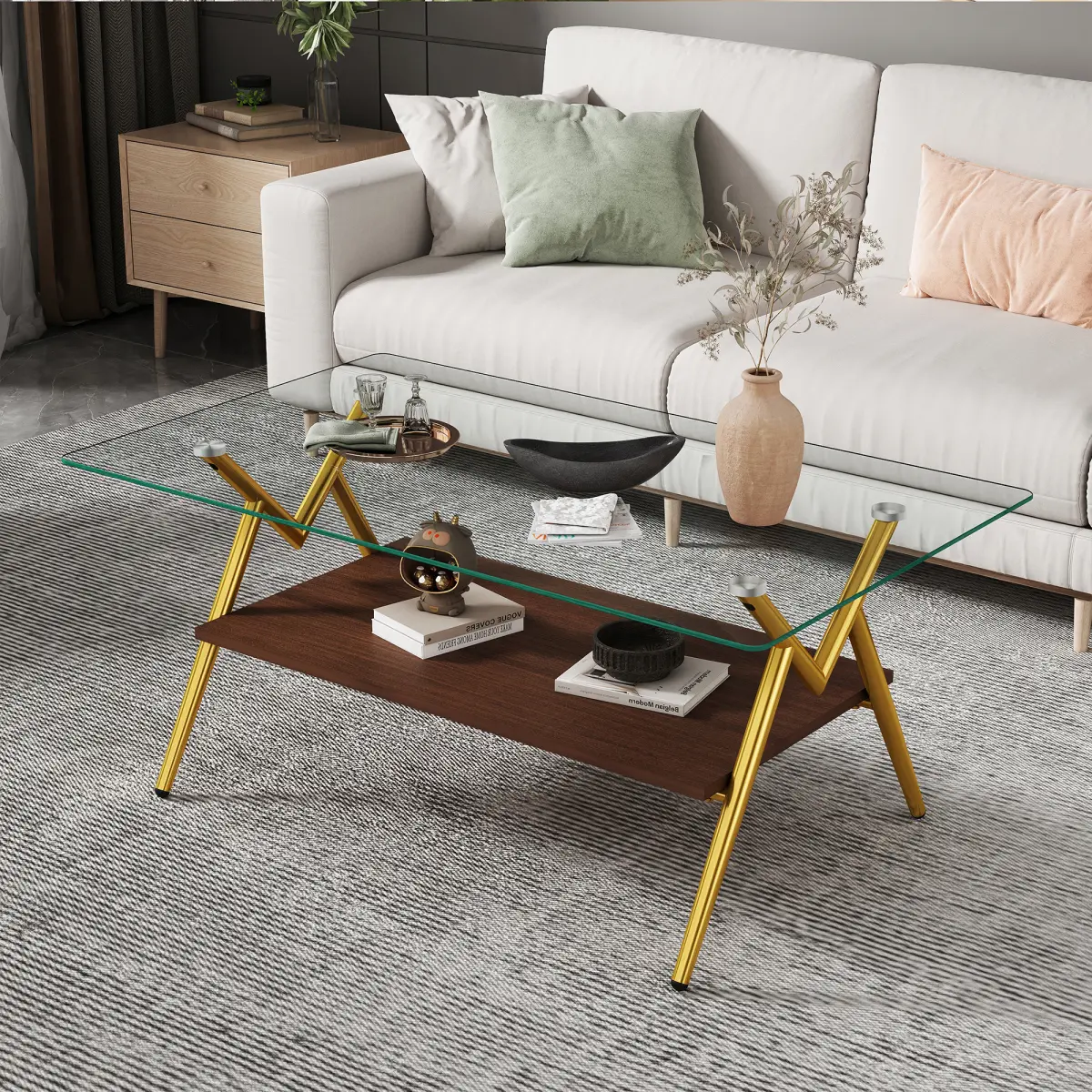 [Bellemave]Rectangle Coffee Table with Tempered Glass top and Golden Metal Legs, Modern Table for Living Room , Transparent Glass