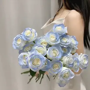 12 Pcs Blue Artificial Silk Decorative Roses Bouquet, Lifelike Faux Rose Stems for Wedding, Home Decoration Table Centerpiece Display