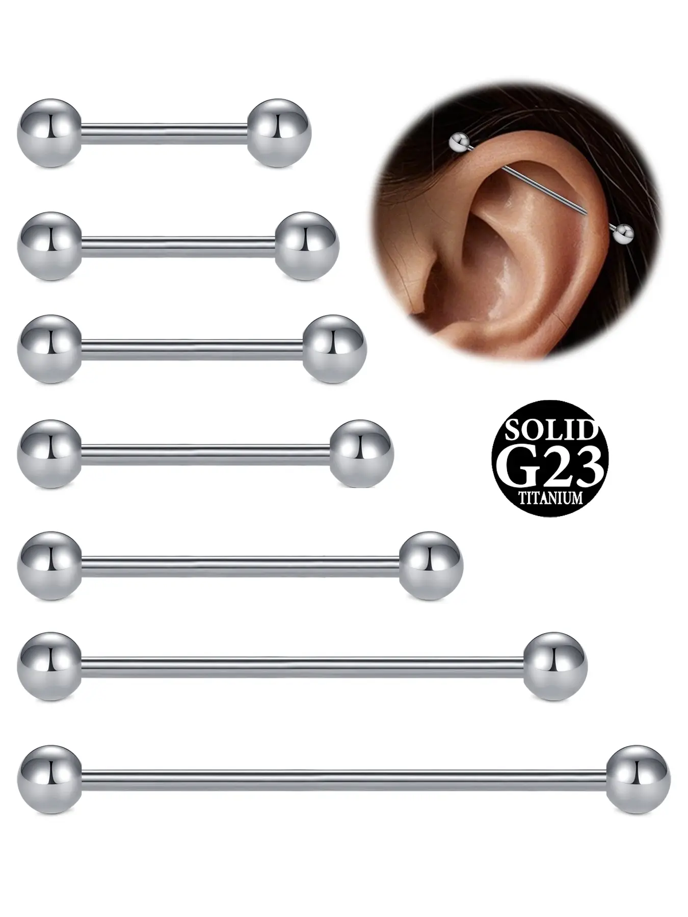 Titanium Industrial Barbell 14G Industrial Earring Industrial Piercing Jewelry Industrail PiercingTongue Ring Long Bar Body Piercing Jewelry 12-38mm Piercing Earrings Titanium Alloy Nose Piercing Jewelry