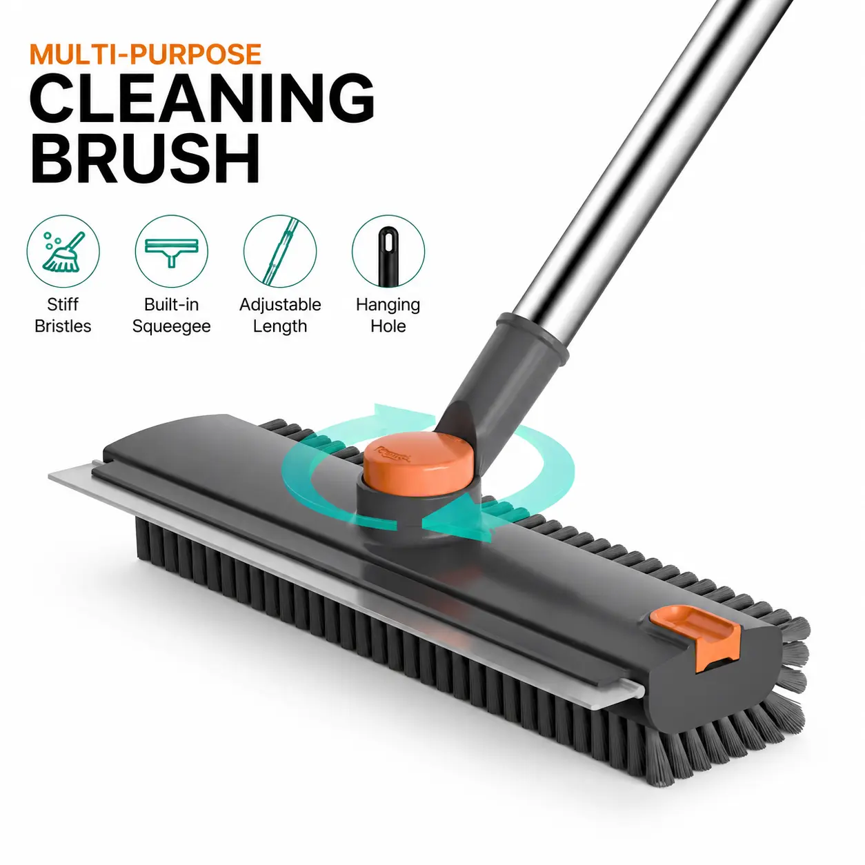 3-in-1 Sturdy Scraper Broom - Long-Handled Adjustable Broom with 180° Stiff Bristle Brush, 90° Corners Brush, Built-in Silicone Squeegee, Foldable Handle for Tile, Bathtub, Home Cleaning Supplies