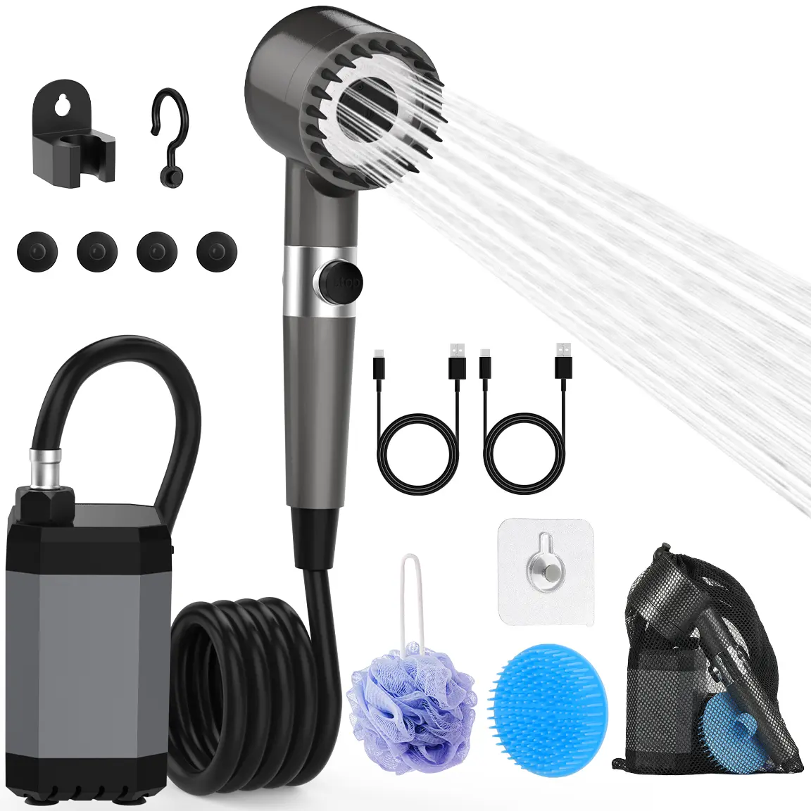MoKo Camping Shower Pump as Outdoor Power Bank, 12000mAh Rechargeable Camp Showers with LED Display for Battery Level and Water Temperature, Portable Shower Head for Camping, Pet & Car Cleaning
