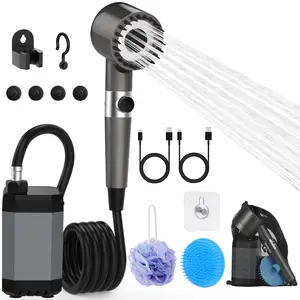 MoKo Camping Shower Pump as Outdoor Power Bank, 12000mAh Rechargeable Camp Showers with LED Display for Battery Level and Water Temperature, Portable Shower Head for Camping, Pet & Car Cleaning