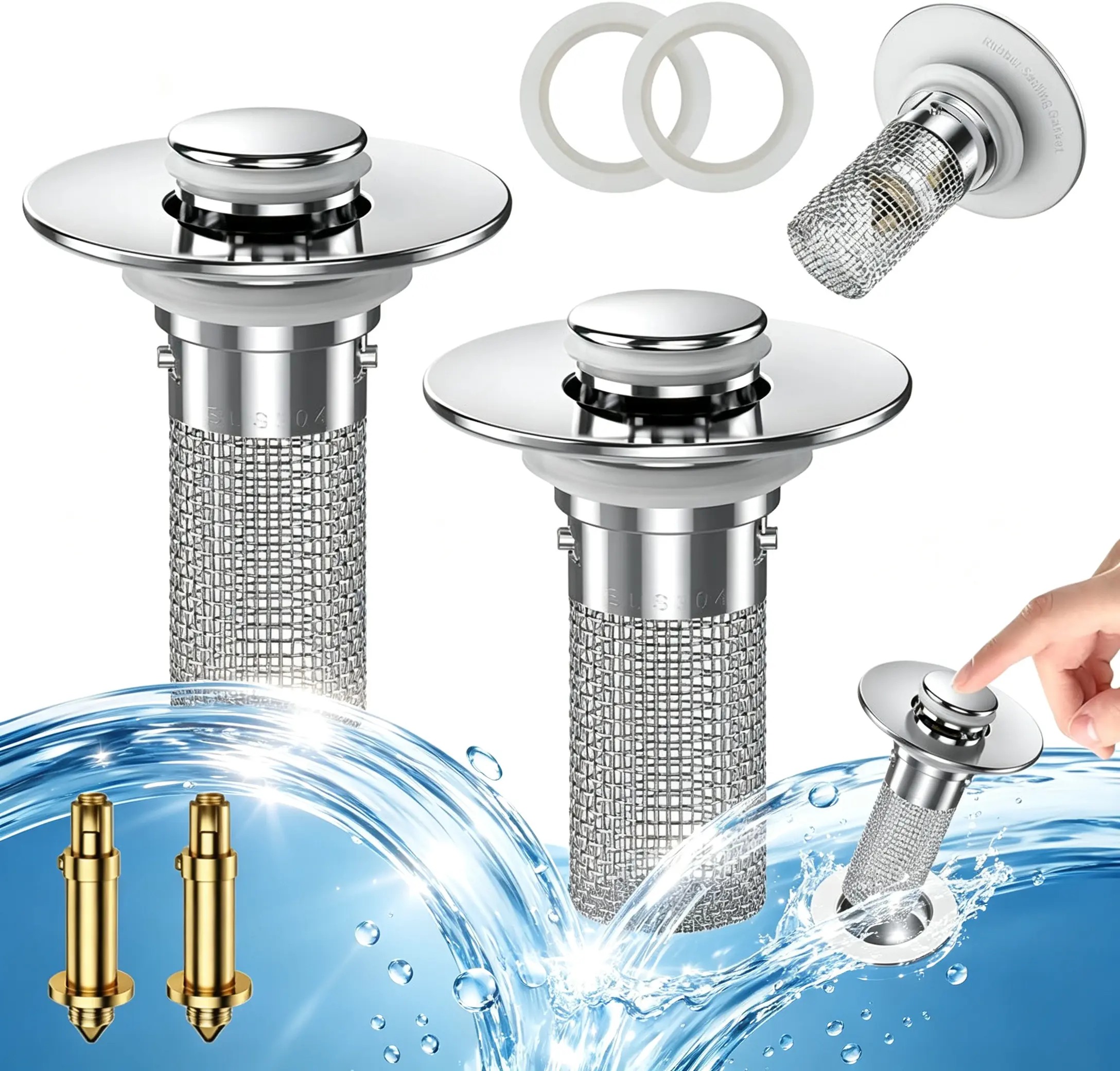 removable stainless steel，2 pcs Pop-Up Bathroom Sink Drain Strainer, Stainless Steel Hair Catcher Basket with Brass Drain Plug, for Bathroom Sinks, Bathtubs, Showers & Floor Drains ,Adjustable, Durable.