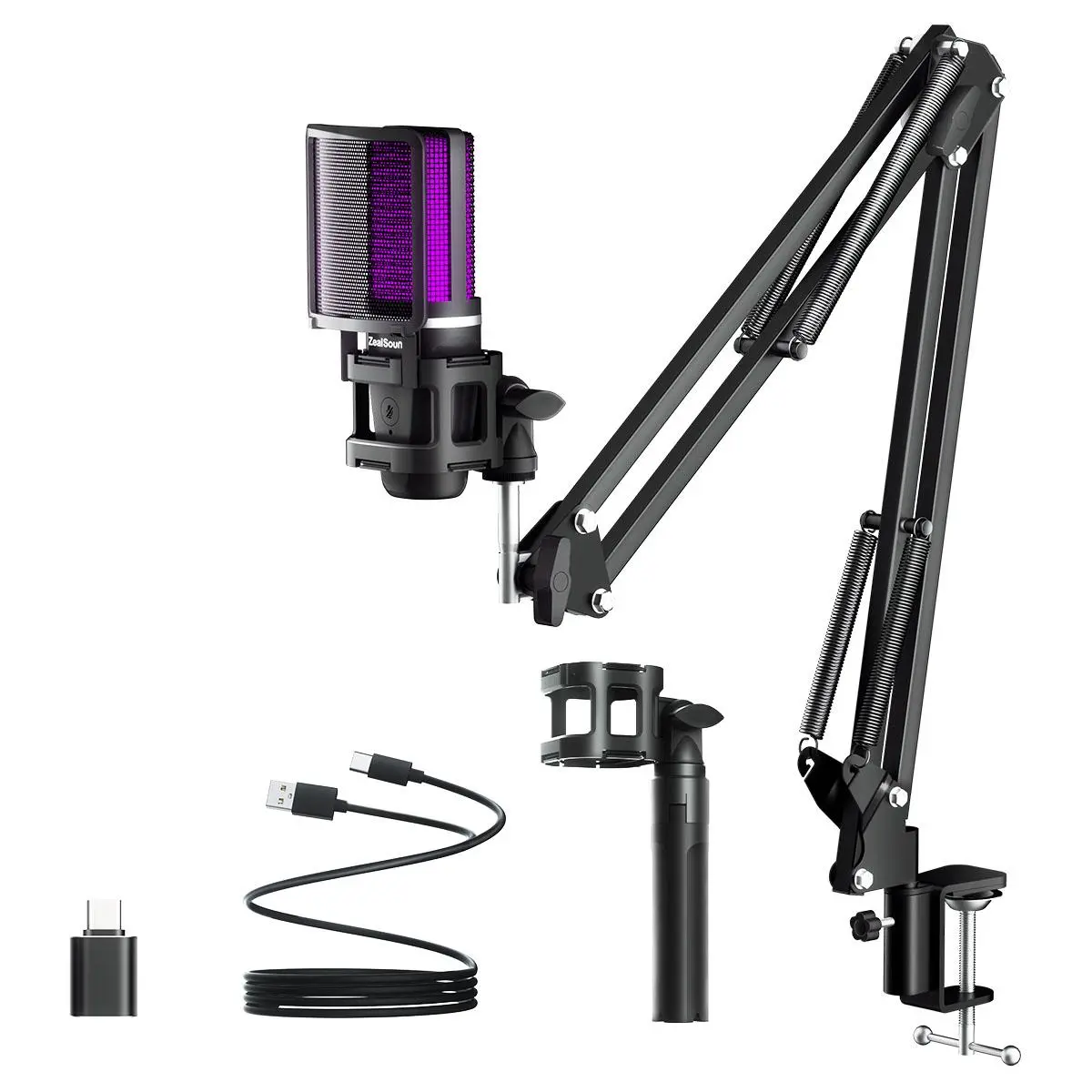 Multifunctional Versatile USB Microphone, 1 Set Live Broadcast & Interview Sturdy Durable Microphone Kit With RGB Light, Tripod & Cantilever Mount, Type-c adapter, Live Streaming Equipment