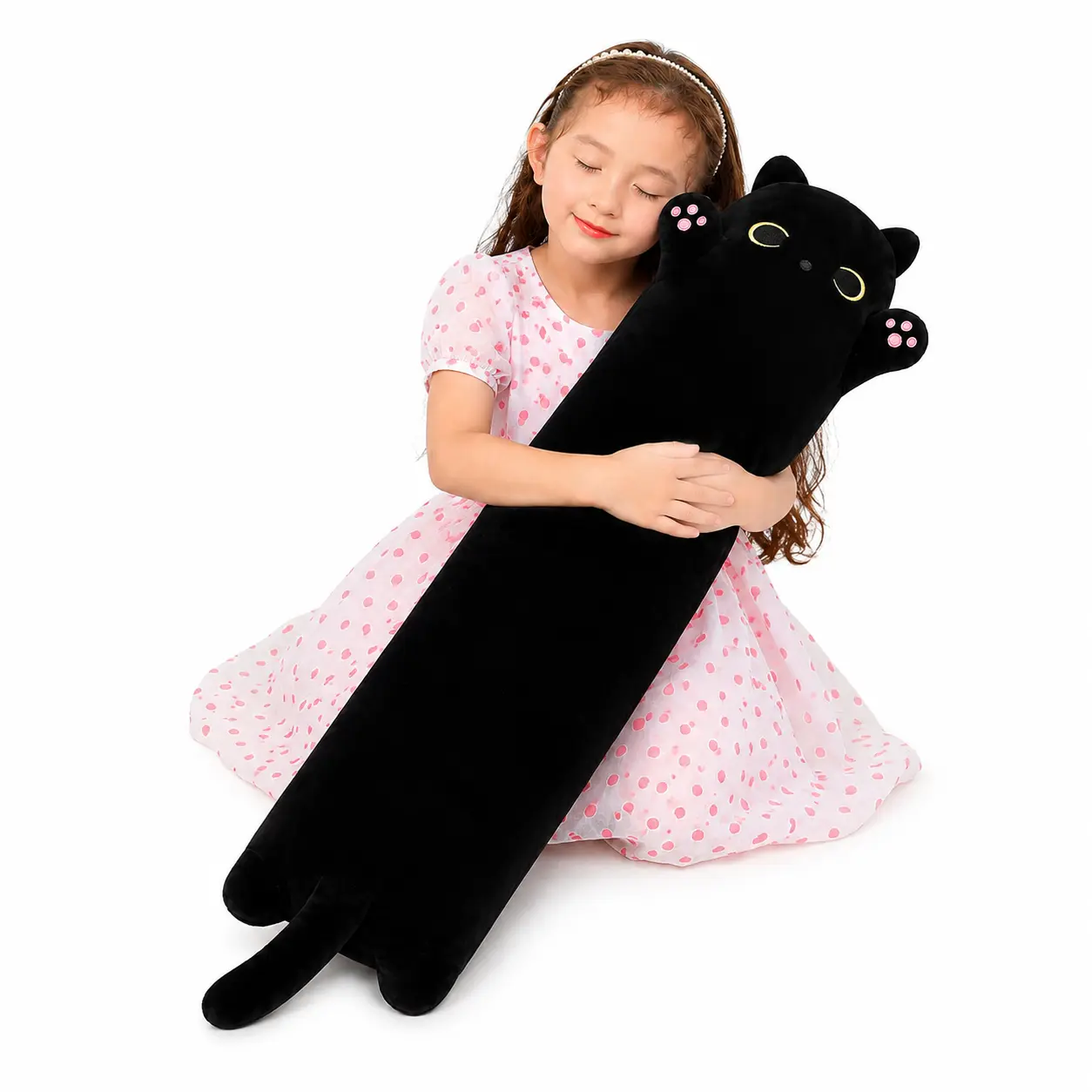 CHUBBYJOY Black Cat Long Plush Pillow, 20" 27" 35" 43" Cute Soft Cat Body Pillow with Pink Paw Pads, PP Cotton Stuffed Animal Hugging Pillow for Bed Room Decor