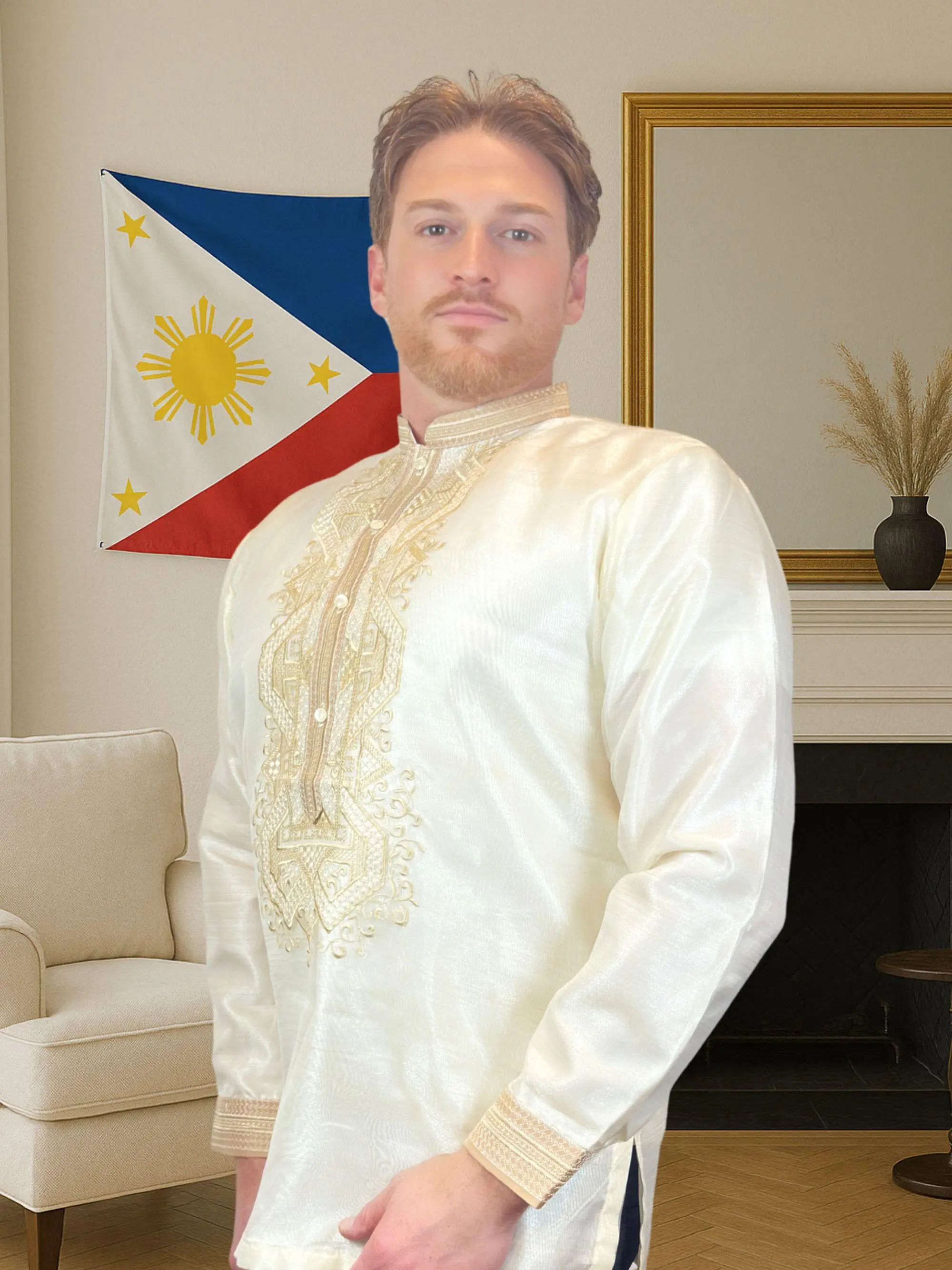 Handmade Kapamilya Barong Tagalog for Men - Long Sleeve Traditional Filipino Shirt - White Taupe Organza with Chinese Collar - US Size