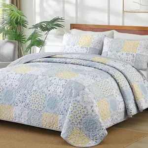 California King Set 3 Pieces, Yellow/Blue/Grey Patchwork Bedspreads, Boho Summer Coverlet Set, Soft Lightweight Microfiber Cal King Bedding Set for All 112"x96"