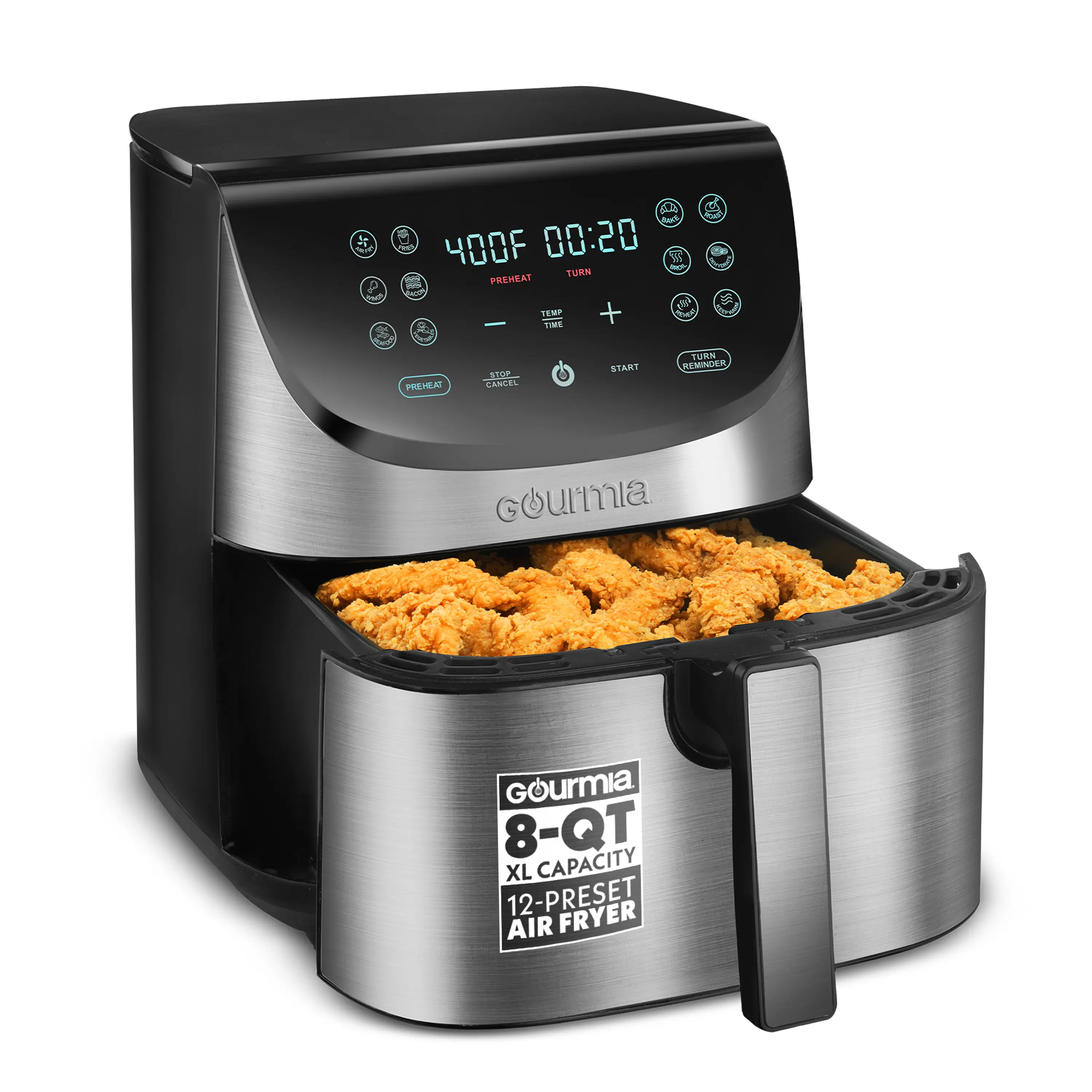 Gourmia 8 Qt Square Air Fryer - Kitchen Appliances, 12 Presets, Digital Display, FryForce 360° Technology, Large Capacity, Family-Sized Model